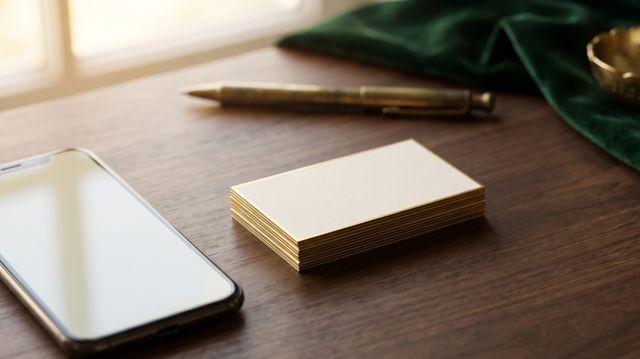 Stack of thick ivory business cards with gold edges beside a smartphone on a dark walnut desk