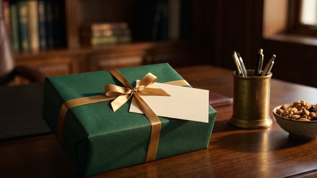 Elegantly wrapped executive gift with textured linen paper, dark green ribbon, and handwritten note