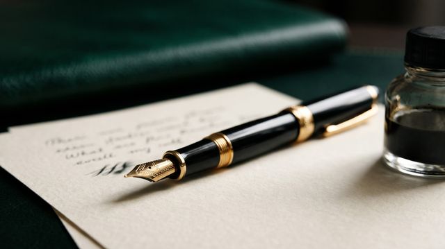Handcrafted fountain pen resting upon cream cotton stationery on a dark wood executive desk