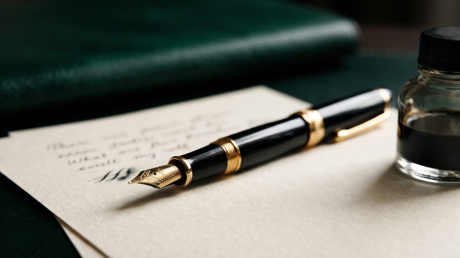 Handcrafted fountain pen resting upon cream cotton stationery on a dark wood executive desk