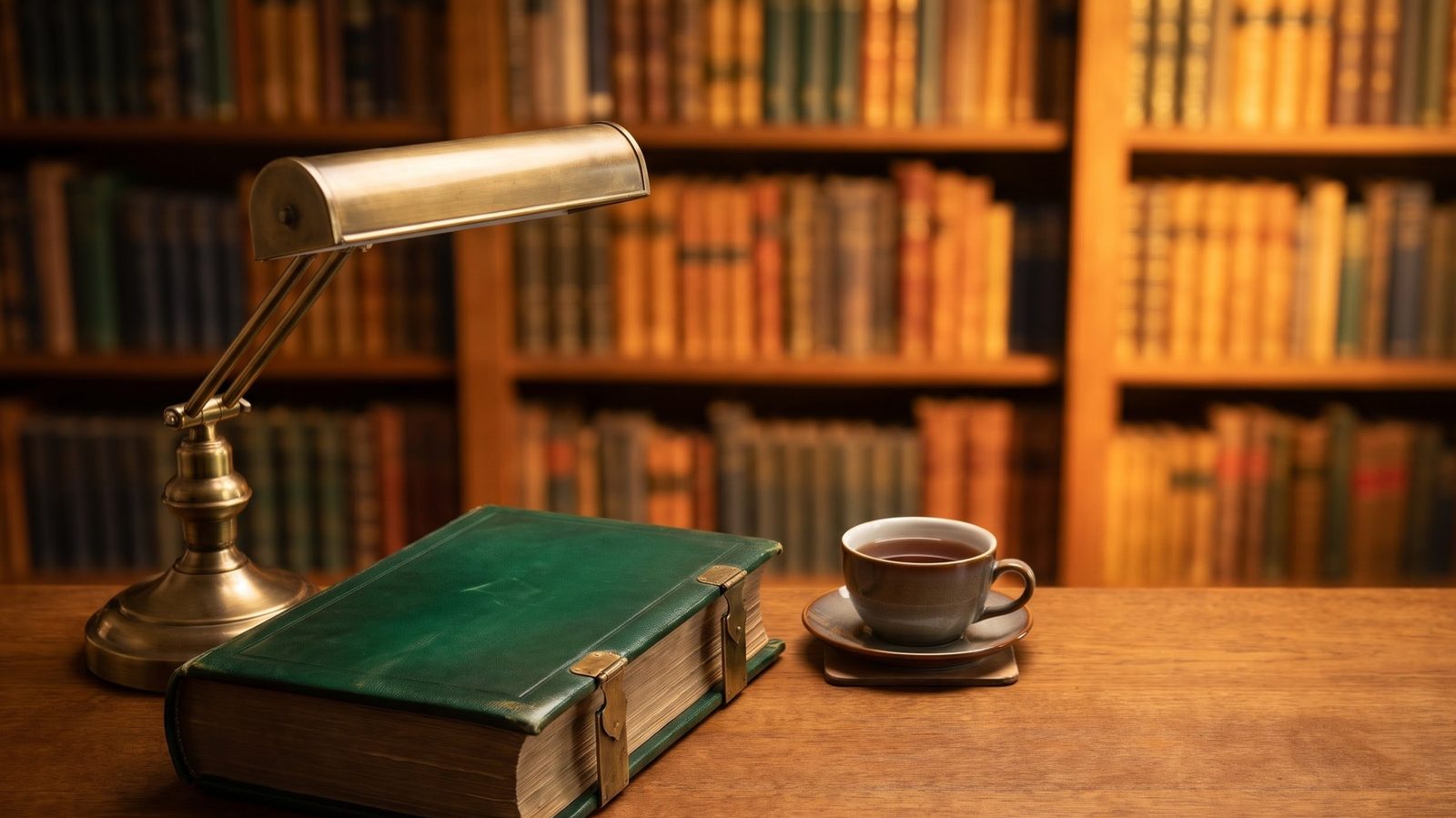 Neat stack of bound manuscript pages with a green leather cover beside a brass reading lamp and a cup of tea