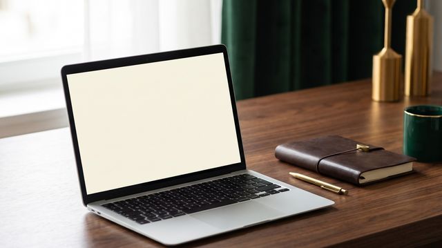 Open laptop on a walnut desk beside a leather notebook, a brass pen and an emerald ceramic cup in soft window light