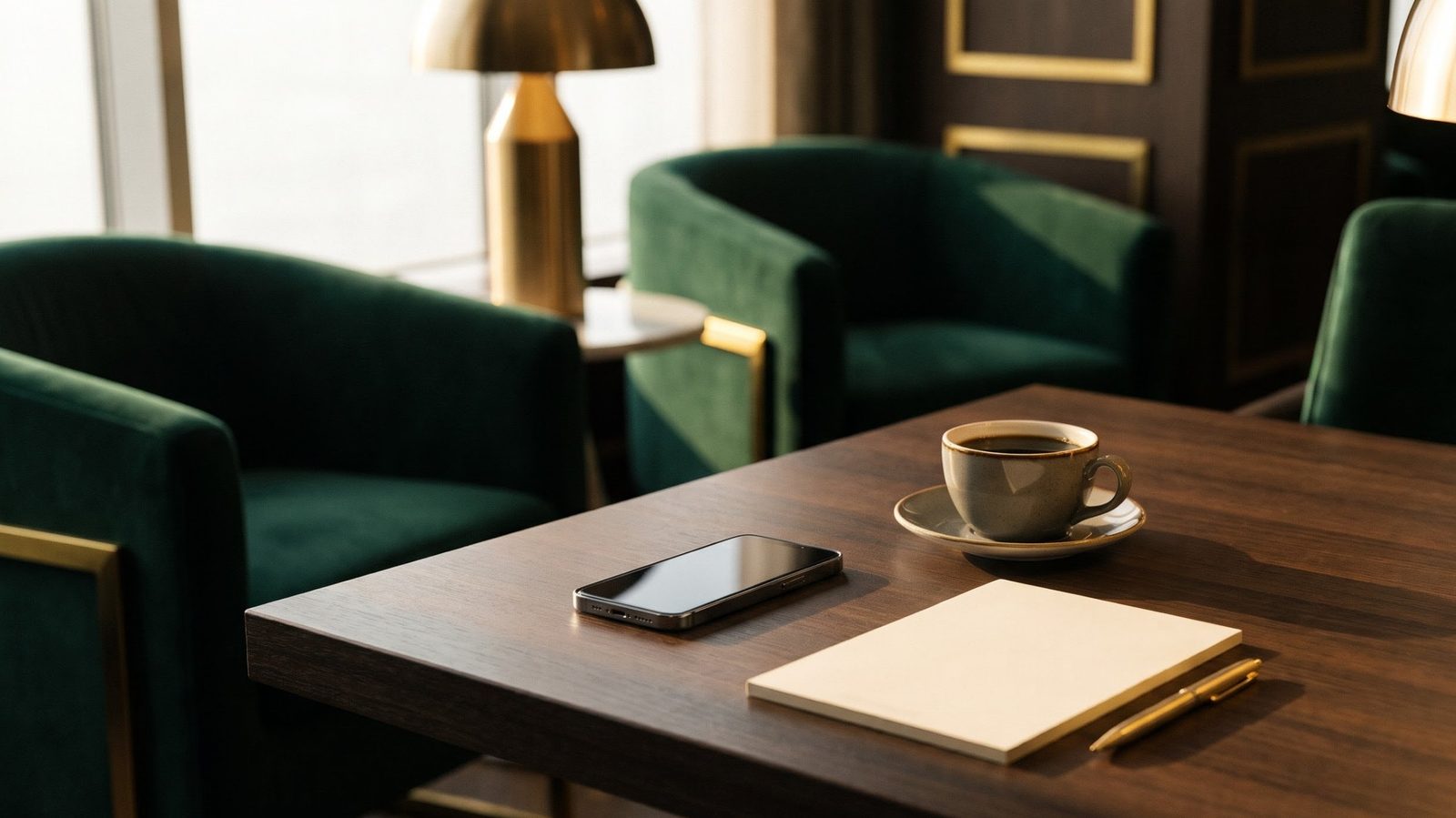 Smartphone lying face down on a dark walnut table beside a black coffee and an ivory notepad