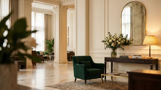 Discreet luxury hotel terrace overlooking lush courtyard with quiet morning light
