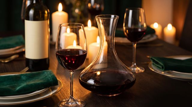 Two glasses of red wine and a decanter on a dark wooden table lit by candlelight