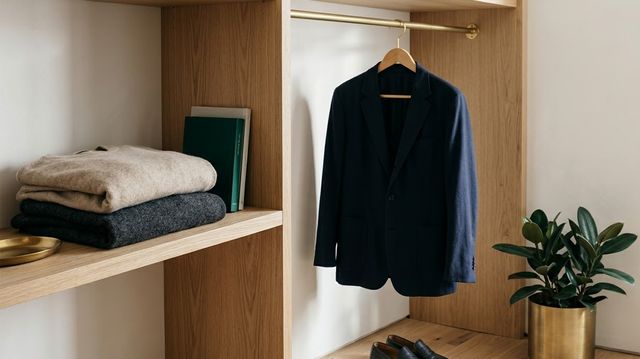 Curated capsule wardrobe with fine tailored fabrics, neutral wool tones, and absence of visible branding