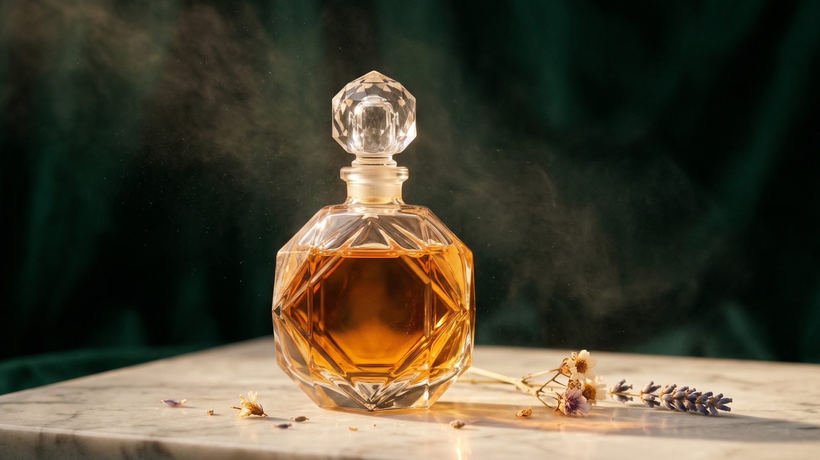 Artisanal glass fragrance bottle capturing light with natural amber botanical essence
