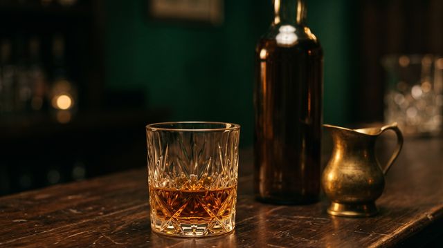 Crystal tumbler of amber single malt whisky alongside heritage bottle and water pitcher on a polished bar